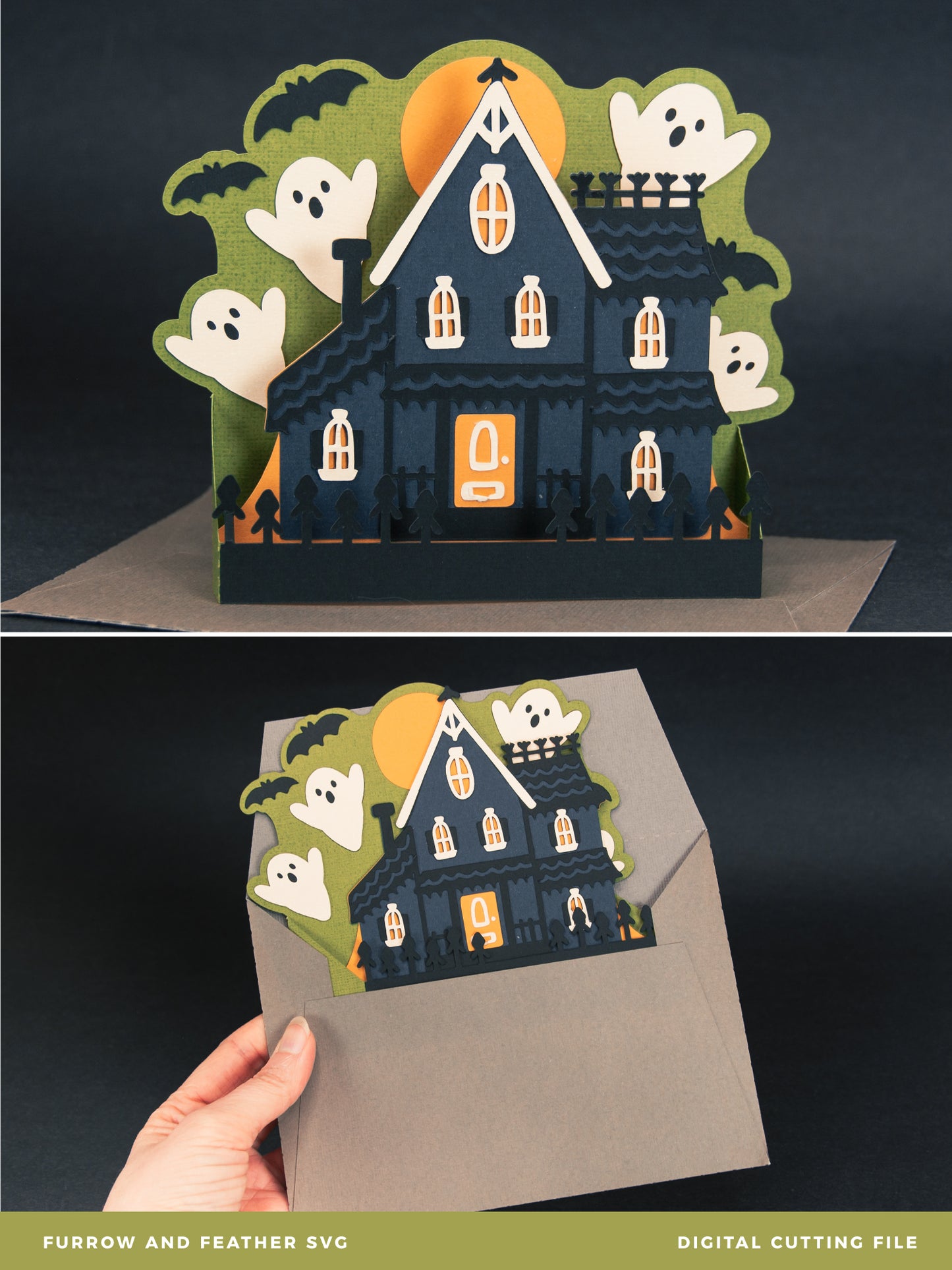 Haunted House with Ghosts Card - 3D Halloween SVG