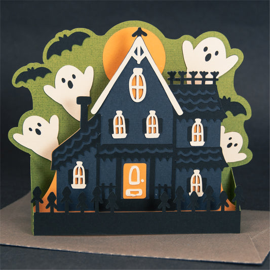Haunted House with Ghosts Card - 3D Halloween SVG