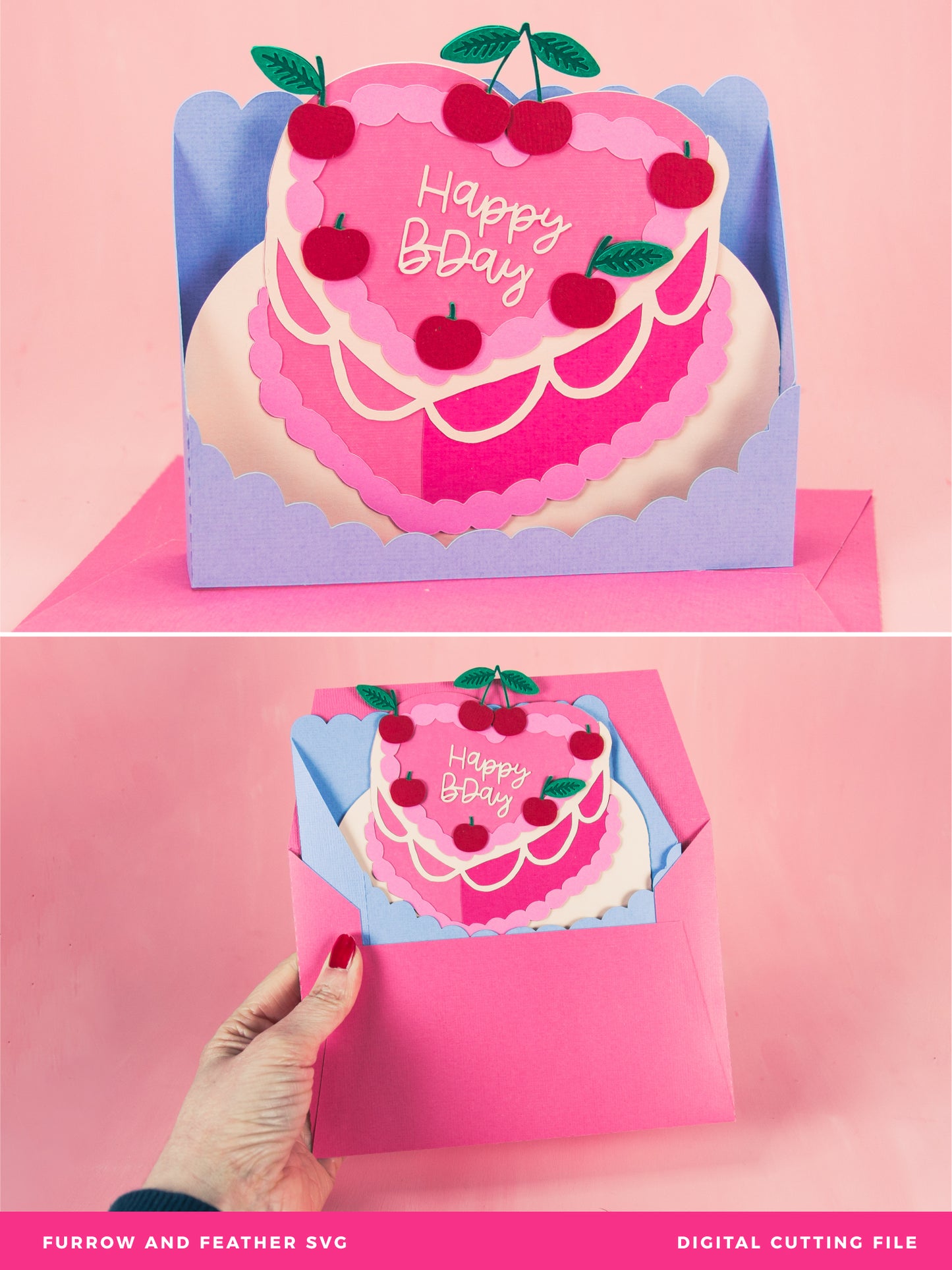 Heart Cake with Cherries Card - 3D Birthday Card SVG