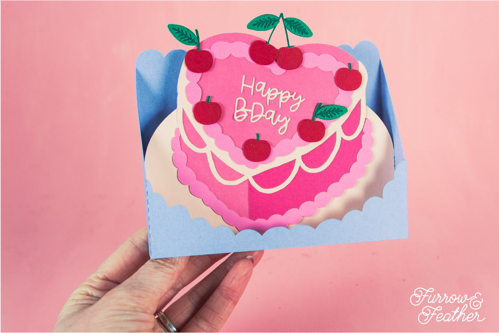 Heart Cake with Cherries Card - 3D Birthday Card SVG