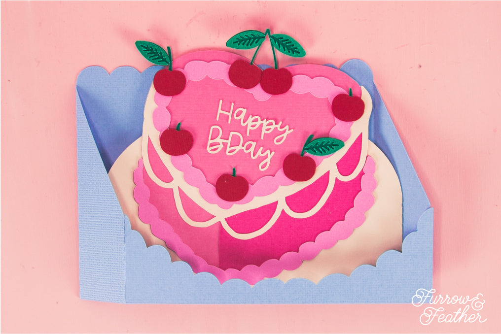 Heart Cake with Cherries Card - 3D Birthday Card SVG