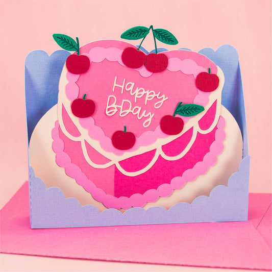 Heart Cake with Cherries Card - 3D Birthday Card SVG