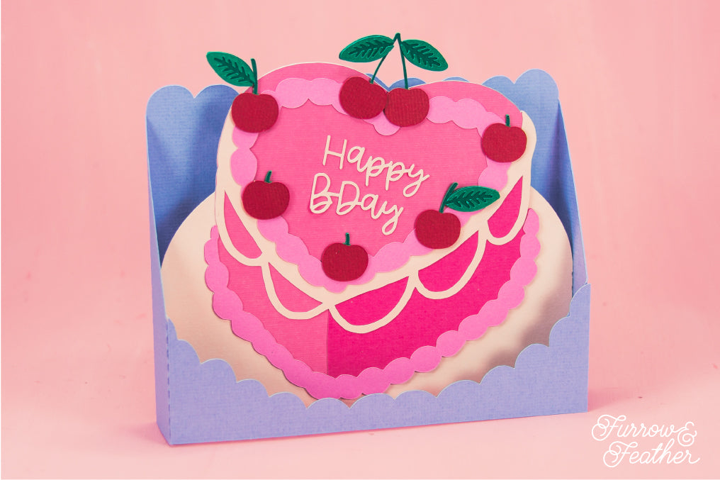 Heart Cake with Cherries Card - 3D Birthday Card SVG