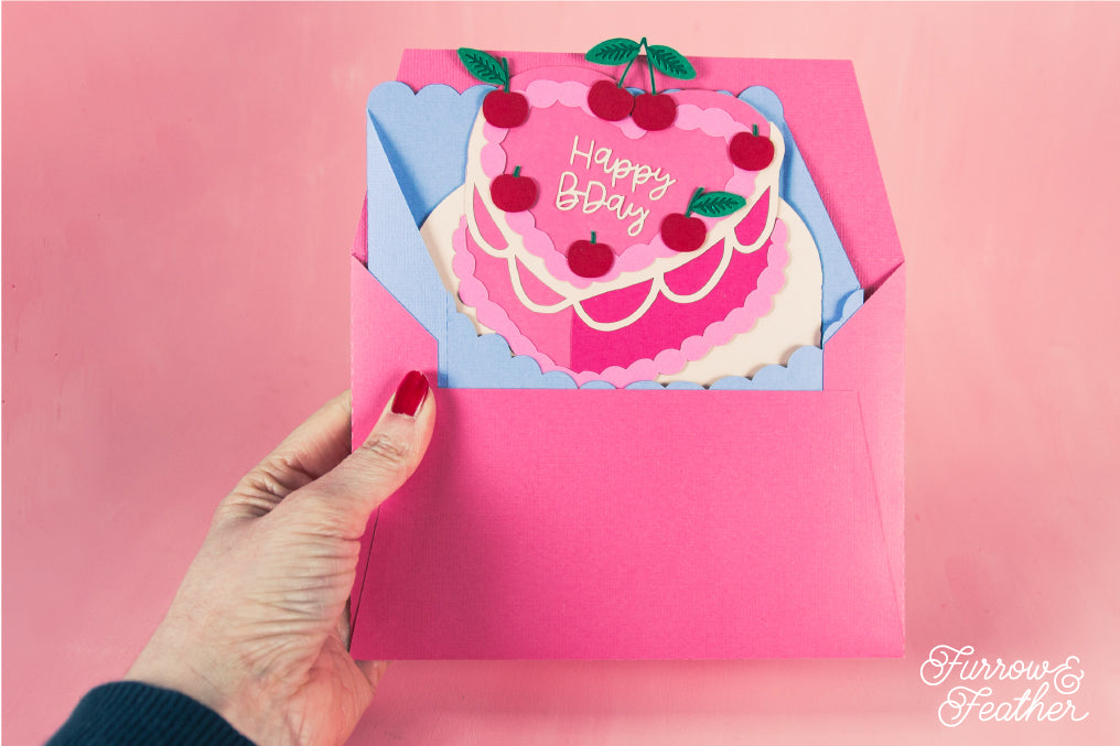 Heart Cake with Cherries Card - 3D Birthday Card SVG