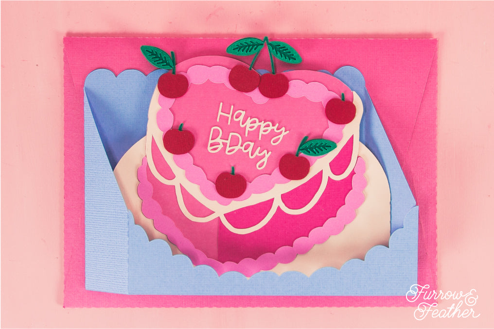 Heart Cake with Cherries Card - 3D Birthday Card SVG