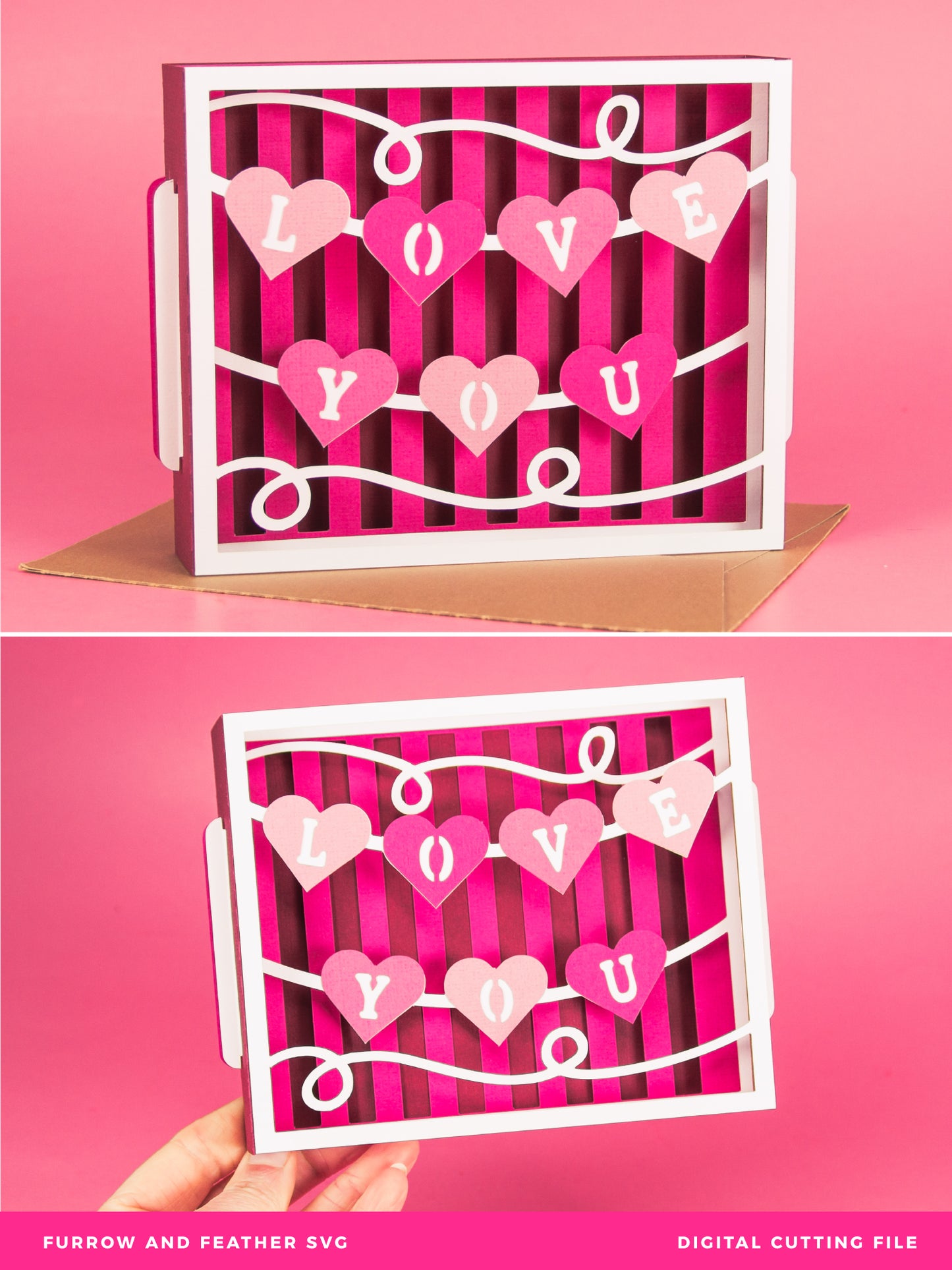 Love You Heart Banner Card - 3D Valentine's Day Card SVG