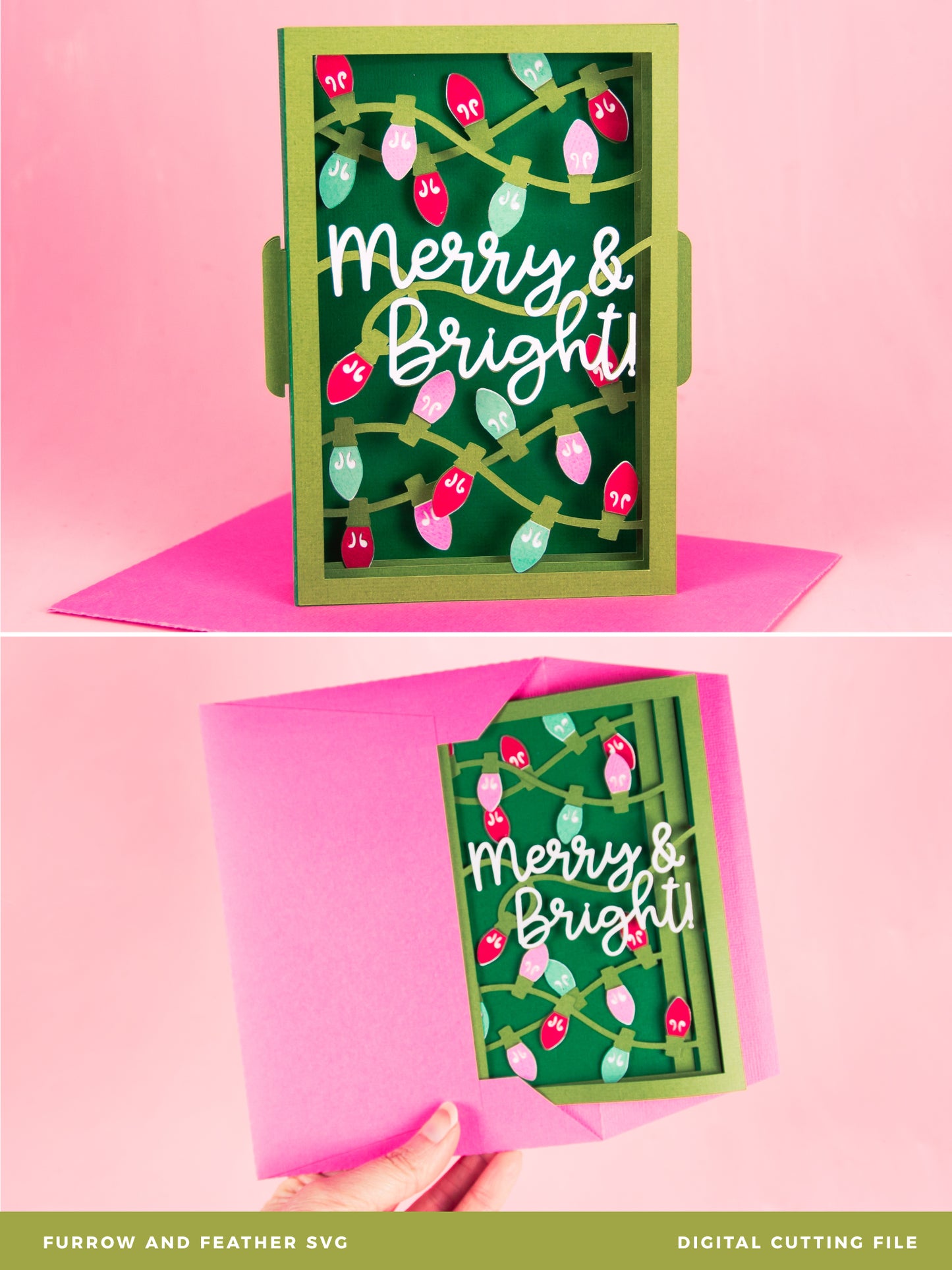 Merry & Bright Christmas Lights Card - 3D Christmas Card SVG