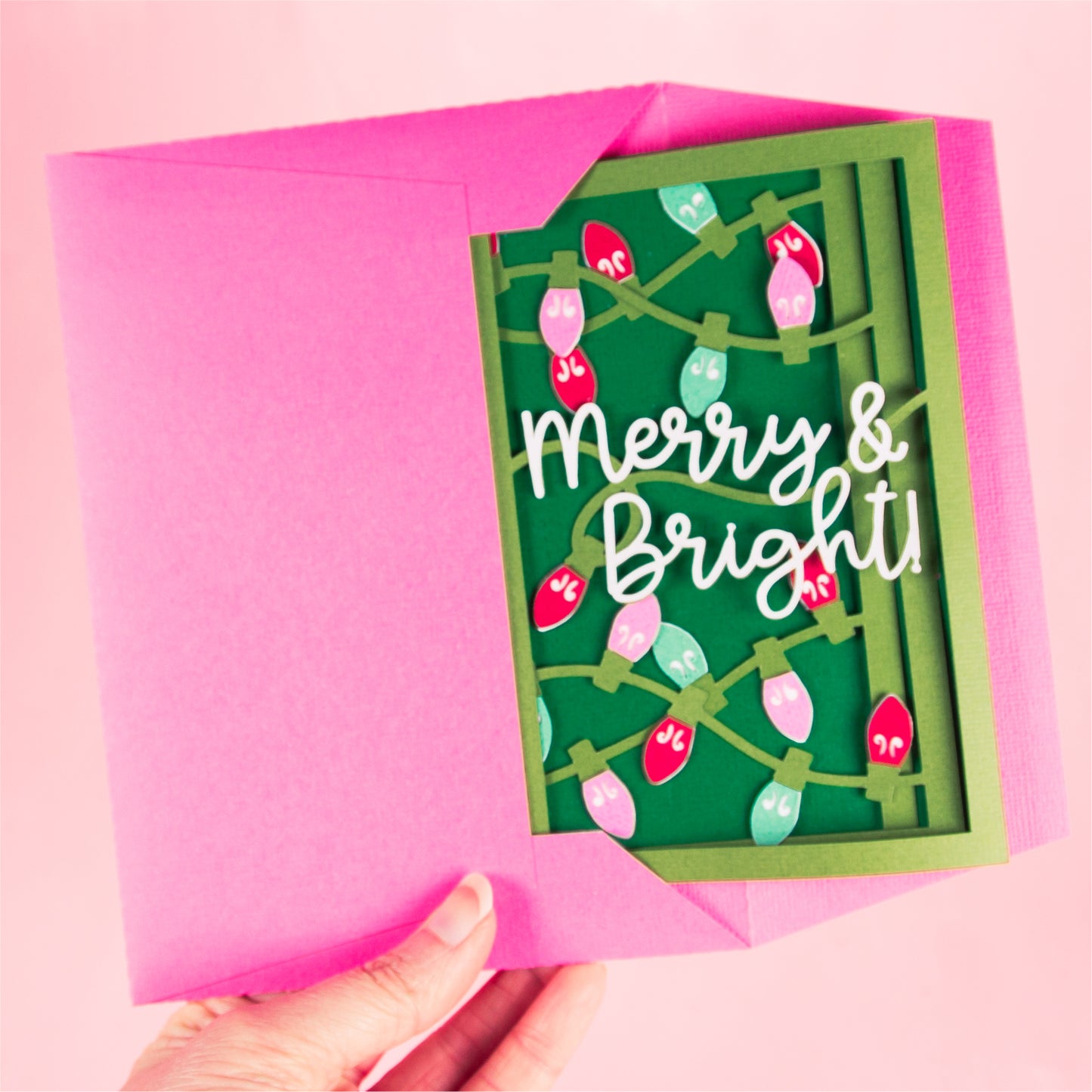 Merry & Bright Christmas Lights Card - 3D Christmas Card SVG