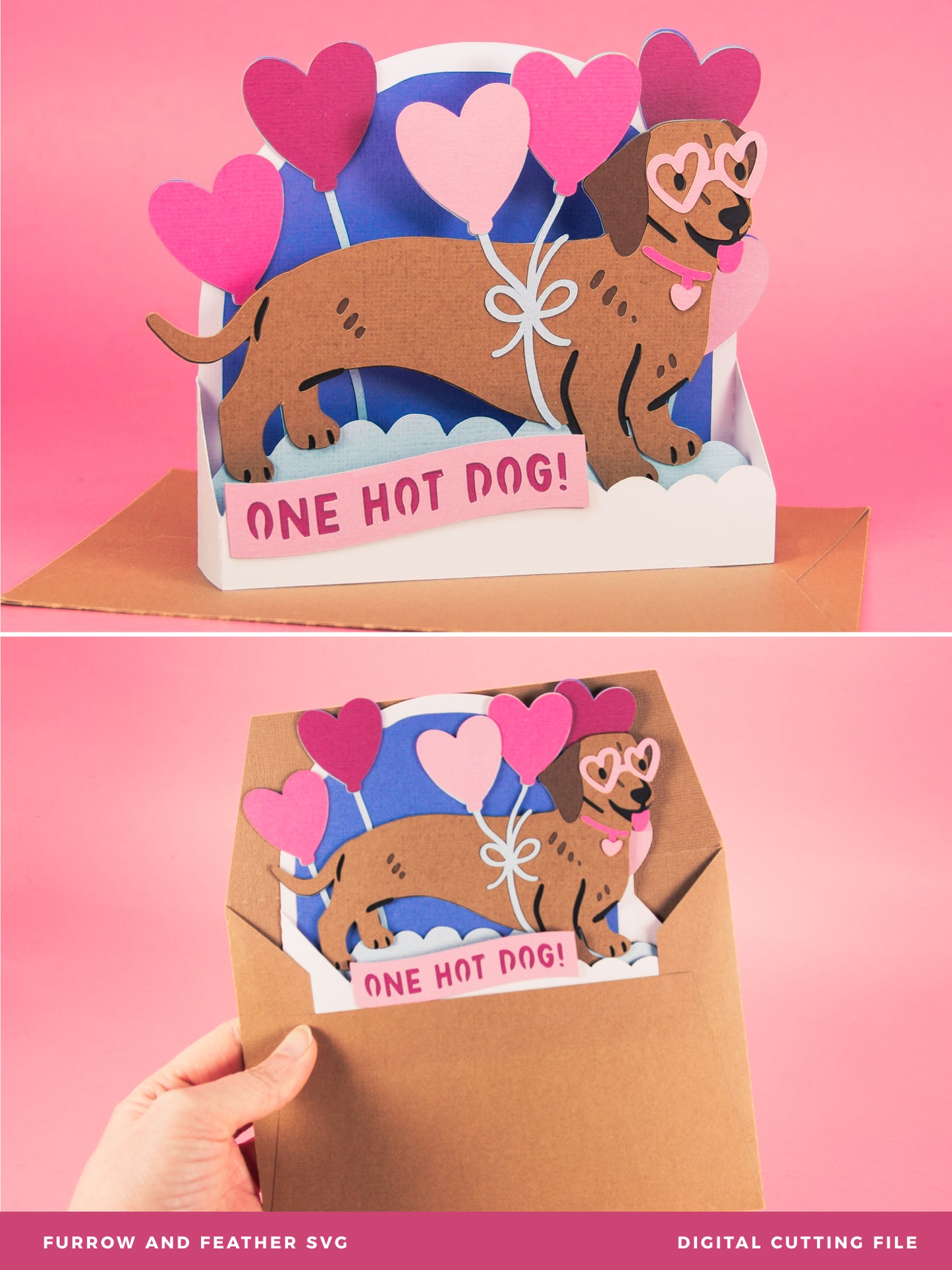 One Hot Dog - Dachshund Card - 3D Valentine's Day Card SVG