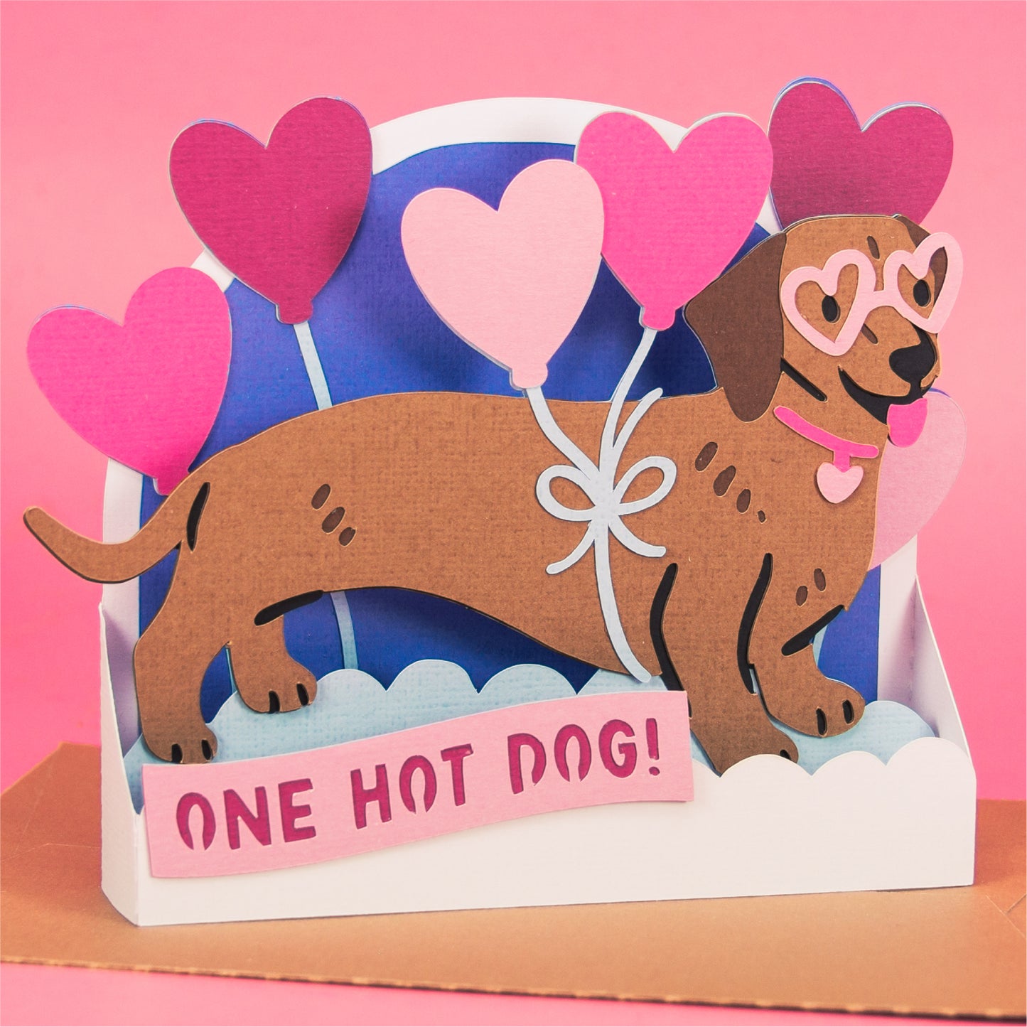 One Hot Dog - Dachshund Card - 3D Valentine's Day Card SVG