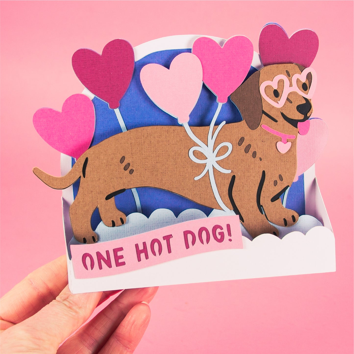 One Hot Dog - Dachshund Card - 3D Valentine's Day Card SVG