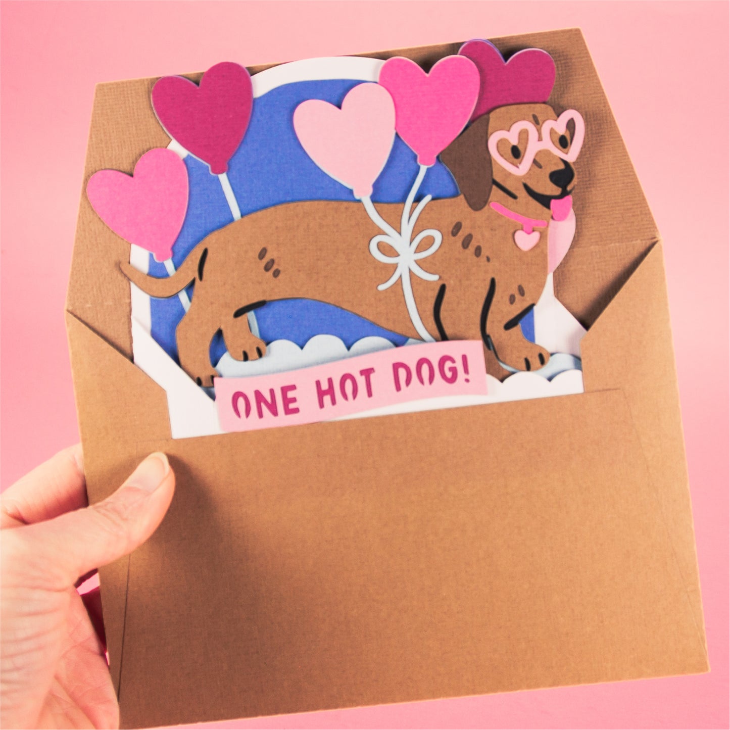One Hot Dog - Dachshund Card - 3D Valentine's Day Card SVG