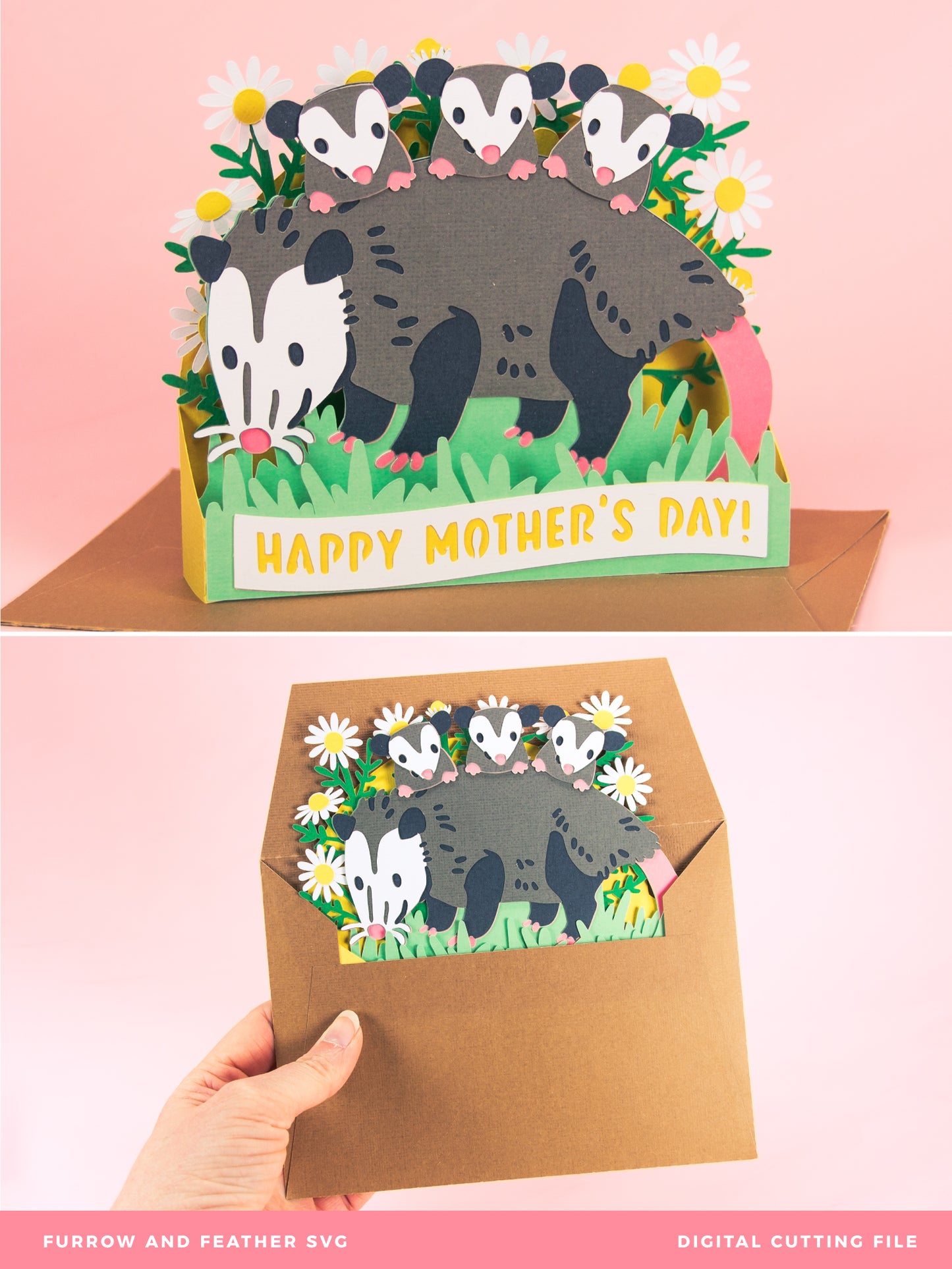 Opossum with Babies Card - 3D Mother's Day Card SVG