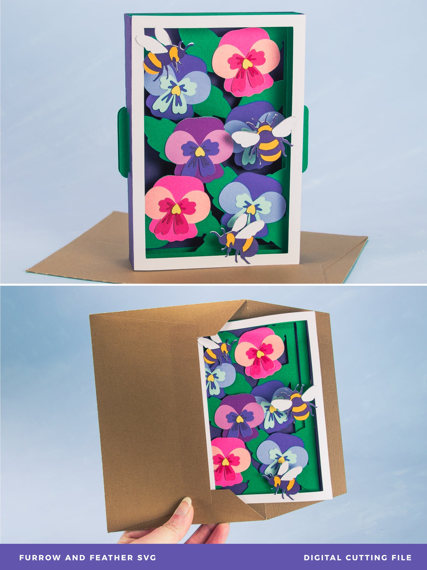Pansies with Bumblebees Card - 3D Card SVG