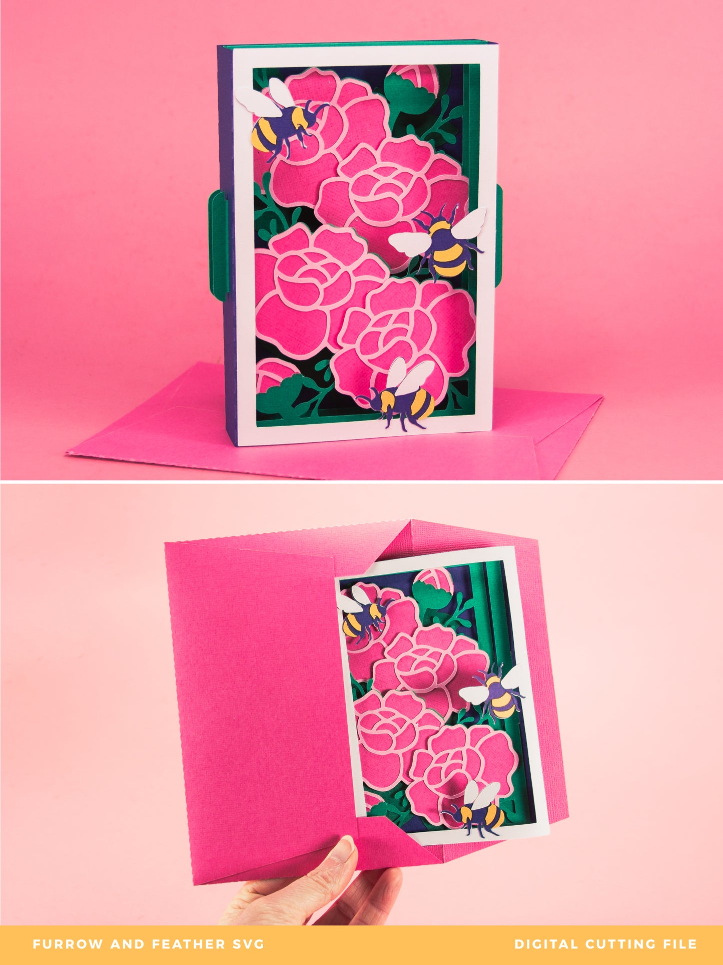 Peonies with Bumblebees Card - 3D Any Occasion Card SVG