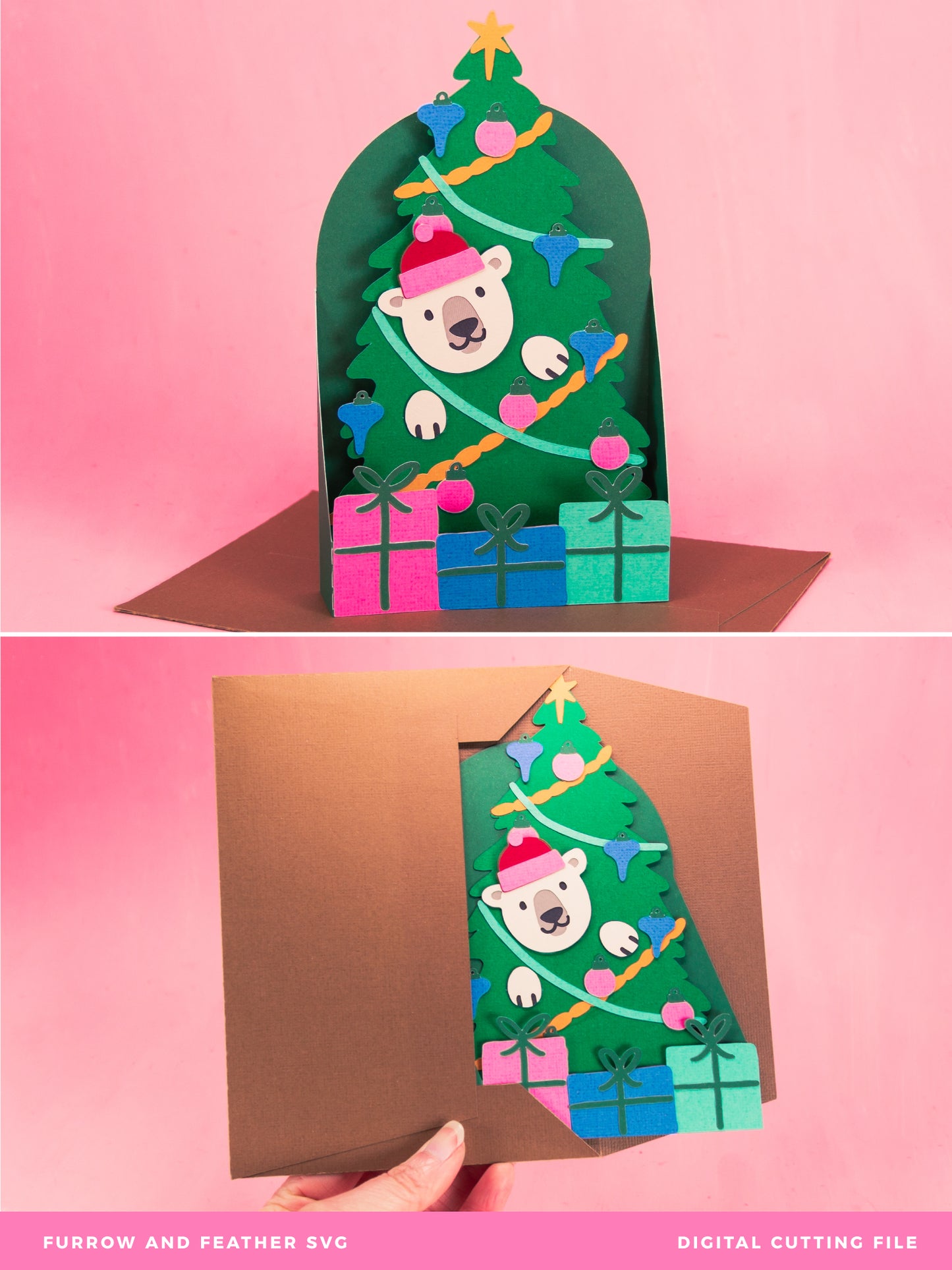 Polar Bear in Christmas Tree Card - 3D Christmas Card SVG