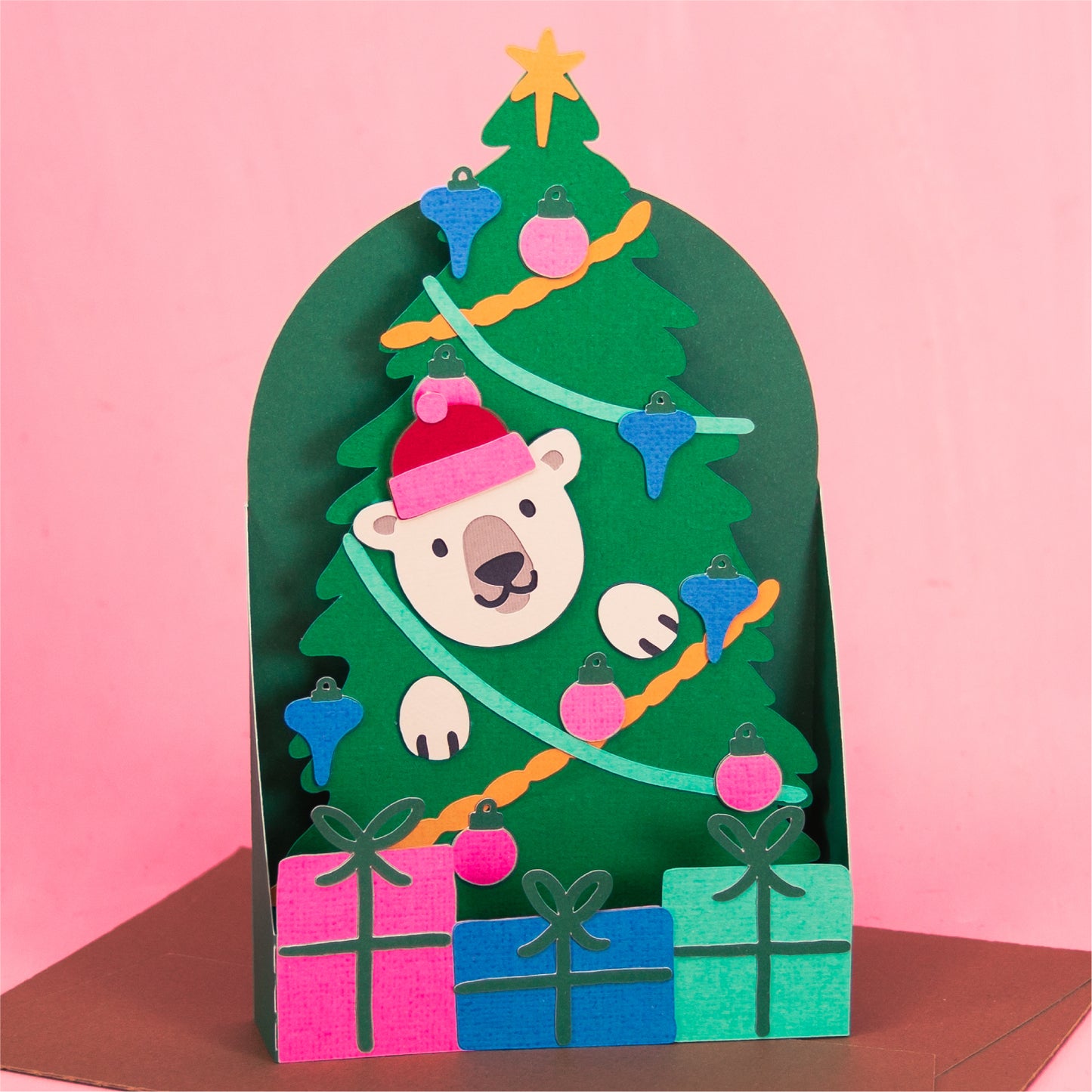 Polar Bear in Christmas Tree Card - 3D Christmas Card SVG