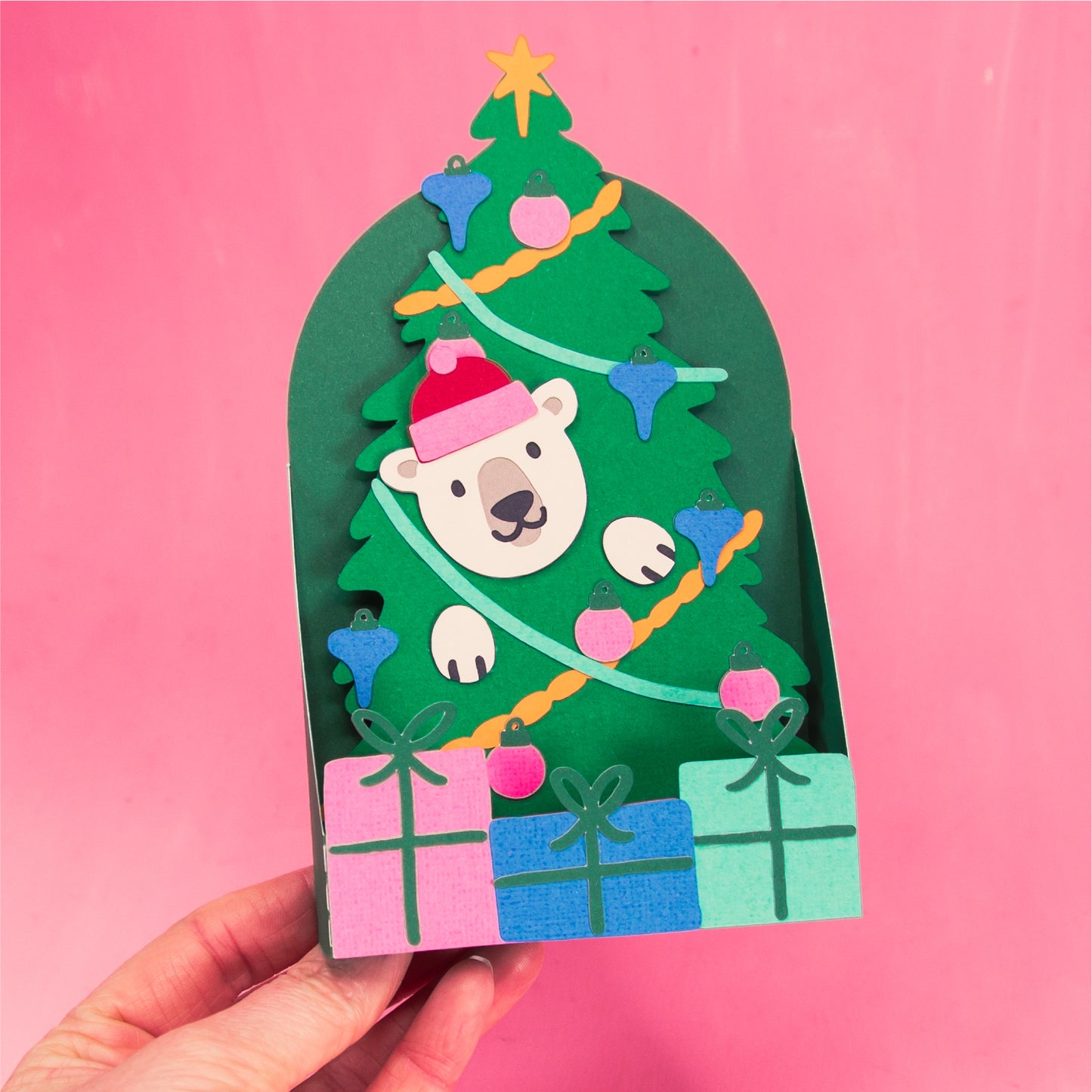 Polar Bear in Christmas Tree Card - 3D Christmas Card SVG