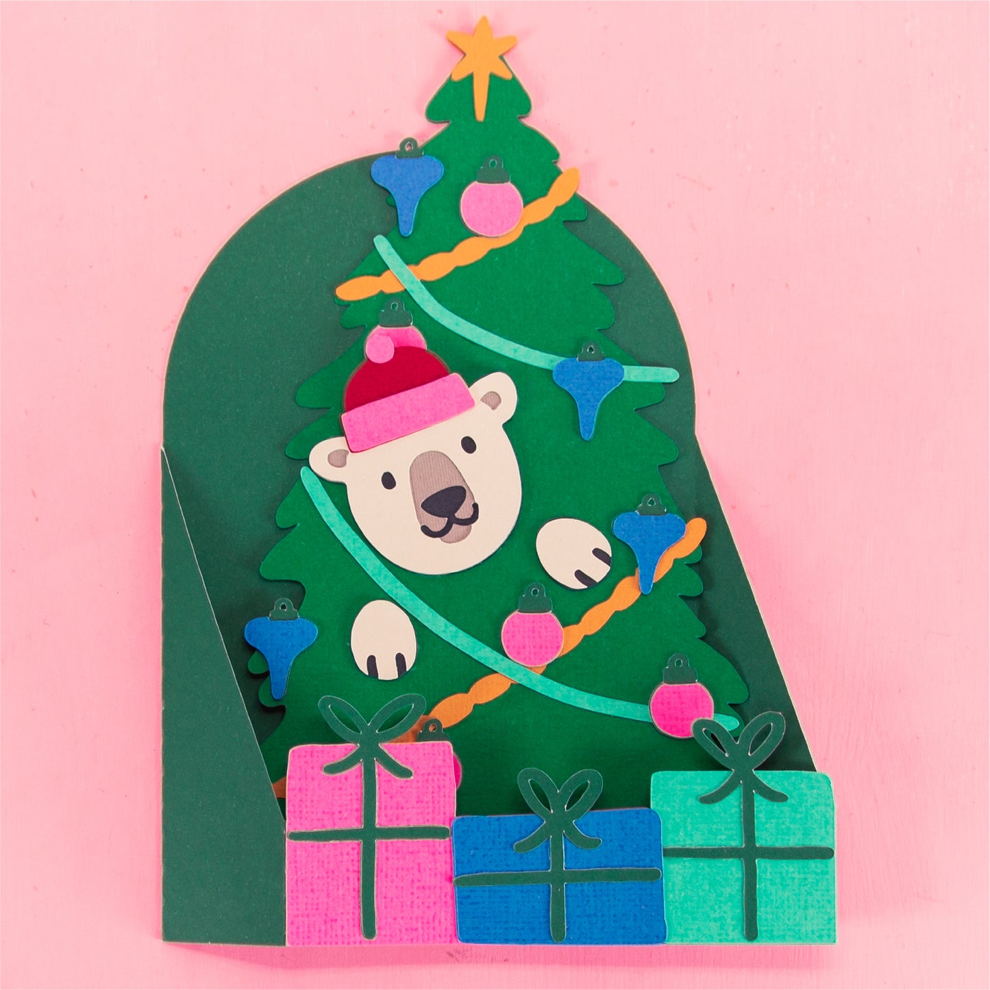 Polar Bear in Christmas Tree Card - 3D Christmas Card SVG