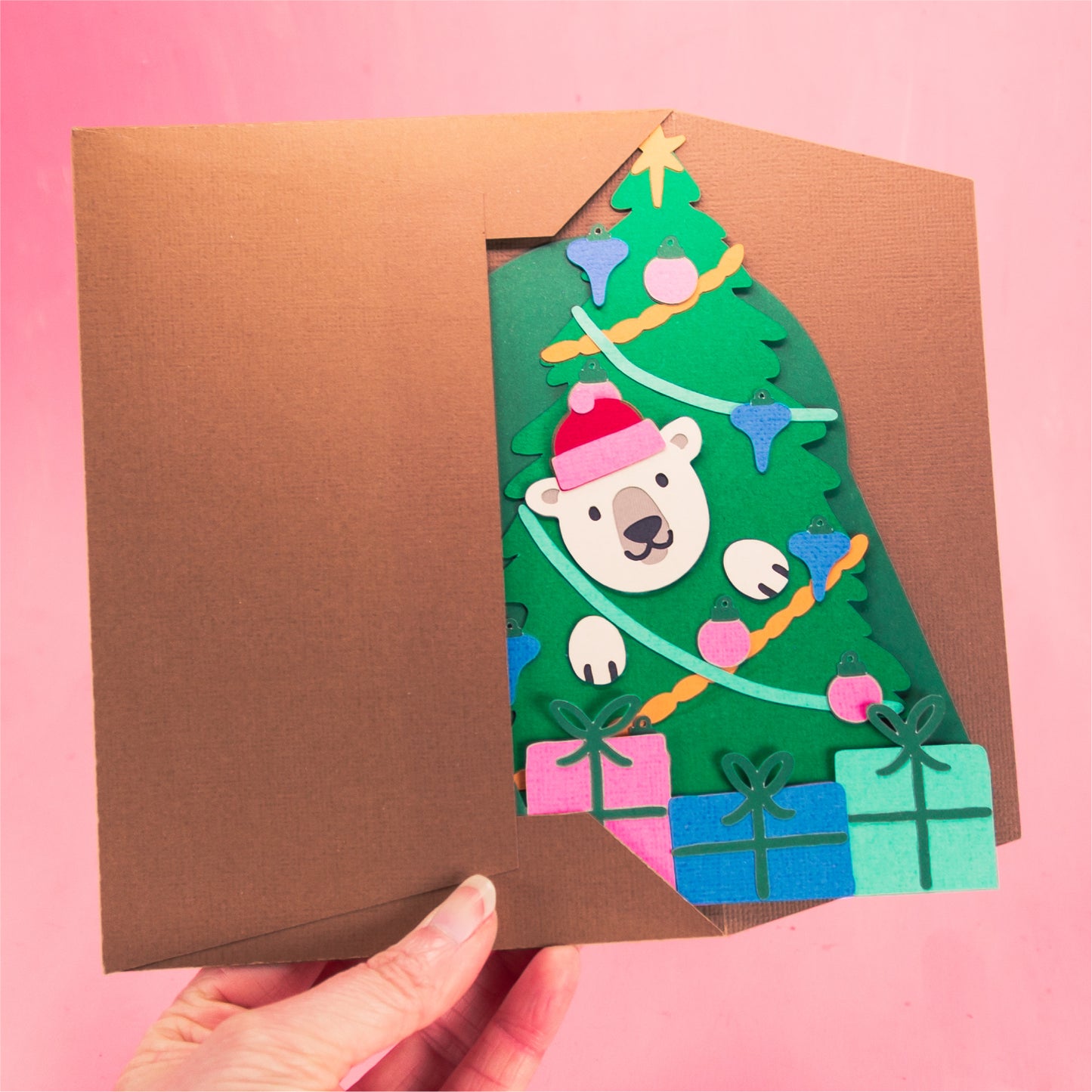 Polar Bear in Christmas Tree Card - 3D Christmas Card SVG