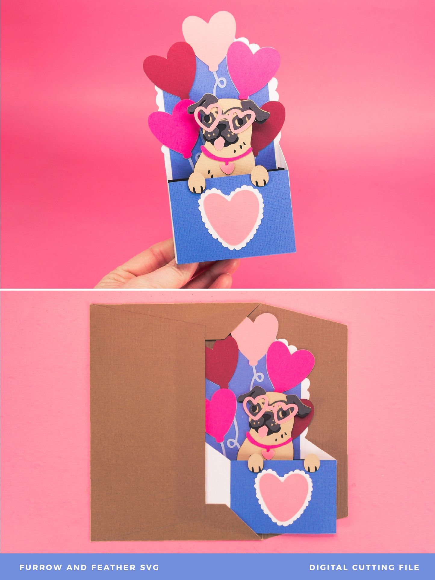 Pug with Heart Balloons Card - 3D Valentine's Day Card SVG