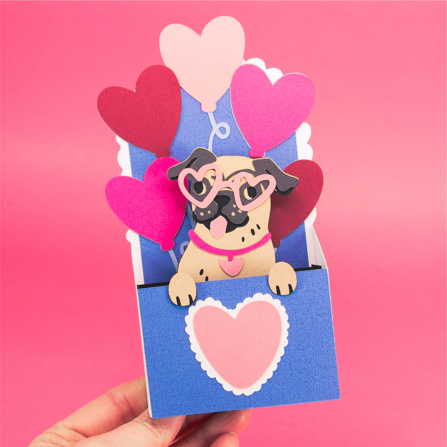 Pug with Heart Balloons Card - 3D Valentine's Day Card SVG