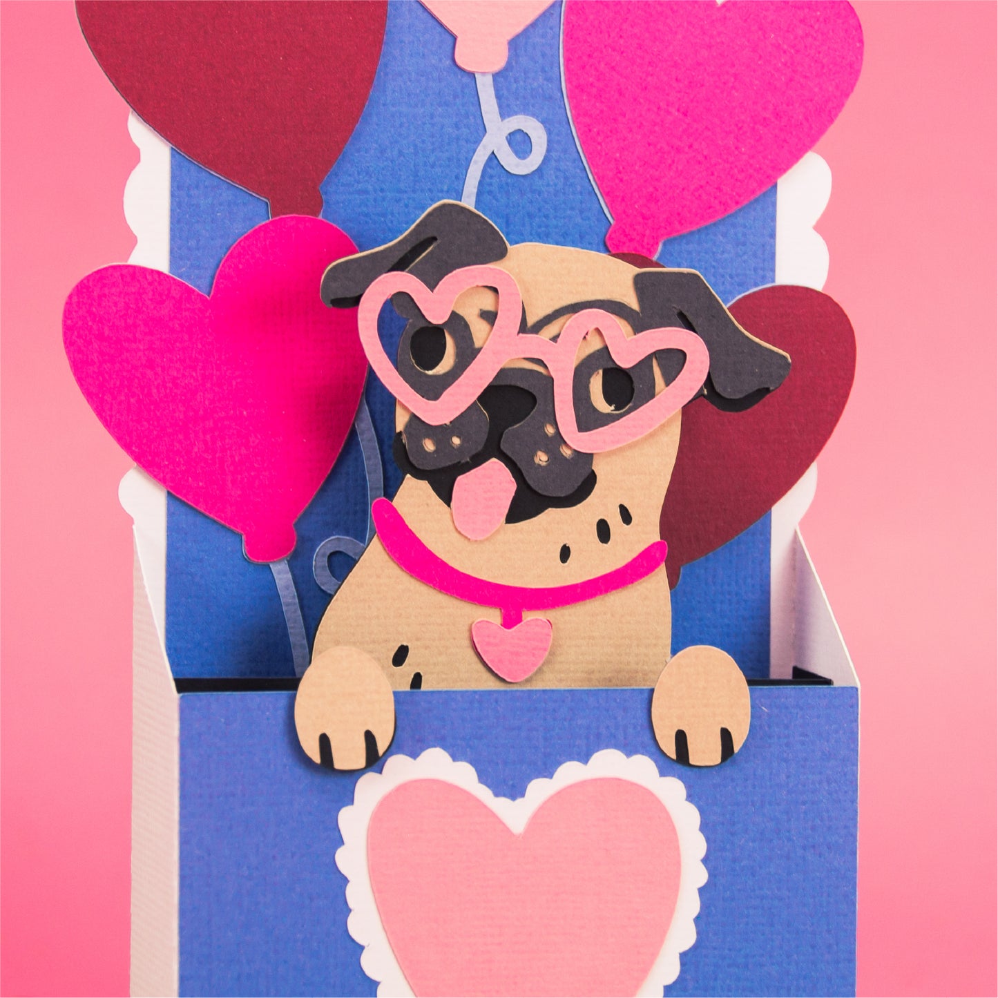 Pug with Heart Balloons Card - 3D Valentine's Day Card SVG