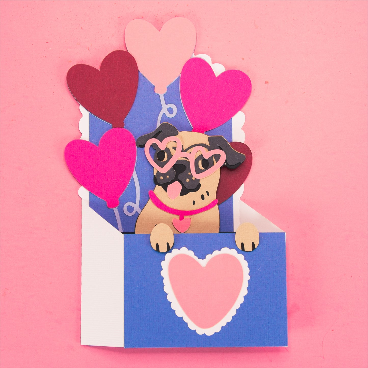 Pug with Heart Balloons Card - 3D Valentine's Day Card SVG