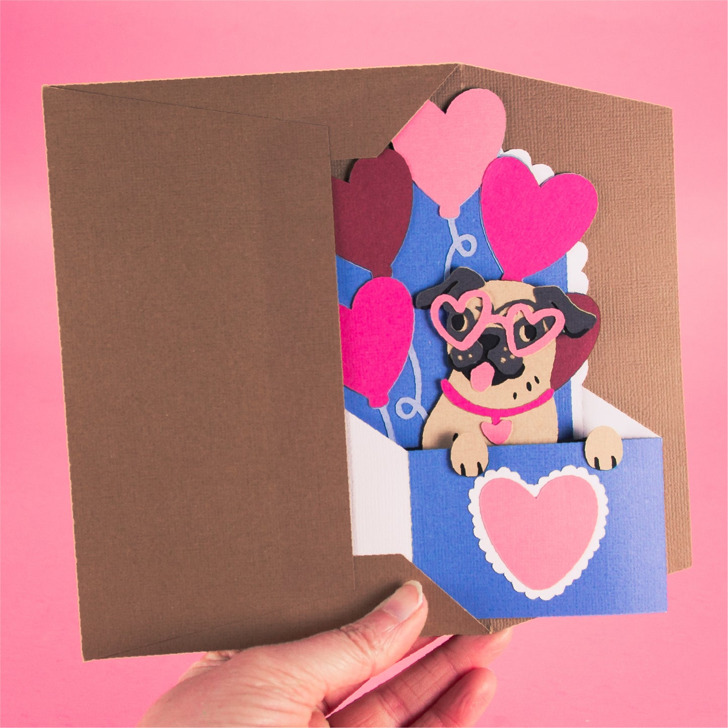 Pug with Heart Balloons Card - 3D Valentine's Day Card SVG