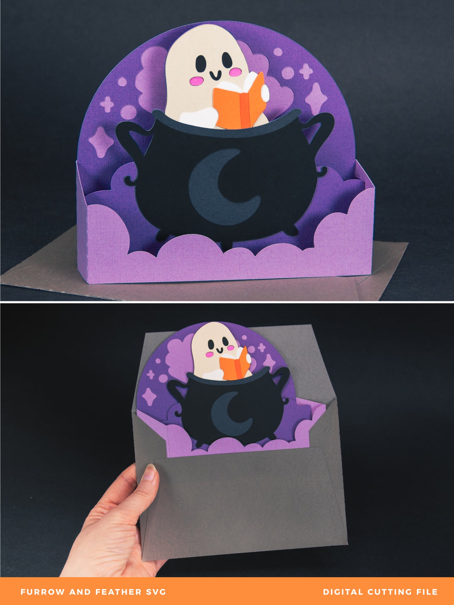 Reading Ghost in a Cauldron Card - 3D Halloween SVG