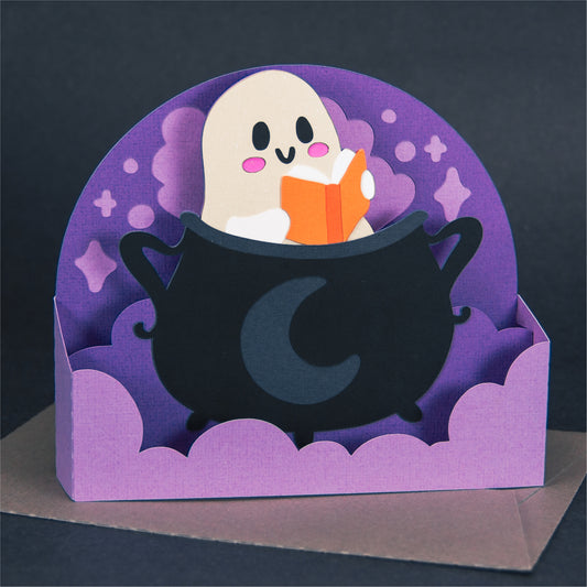 Reading Ghost in a Cauldron Card - 3D Halloween SVG