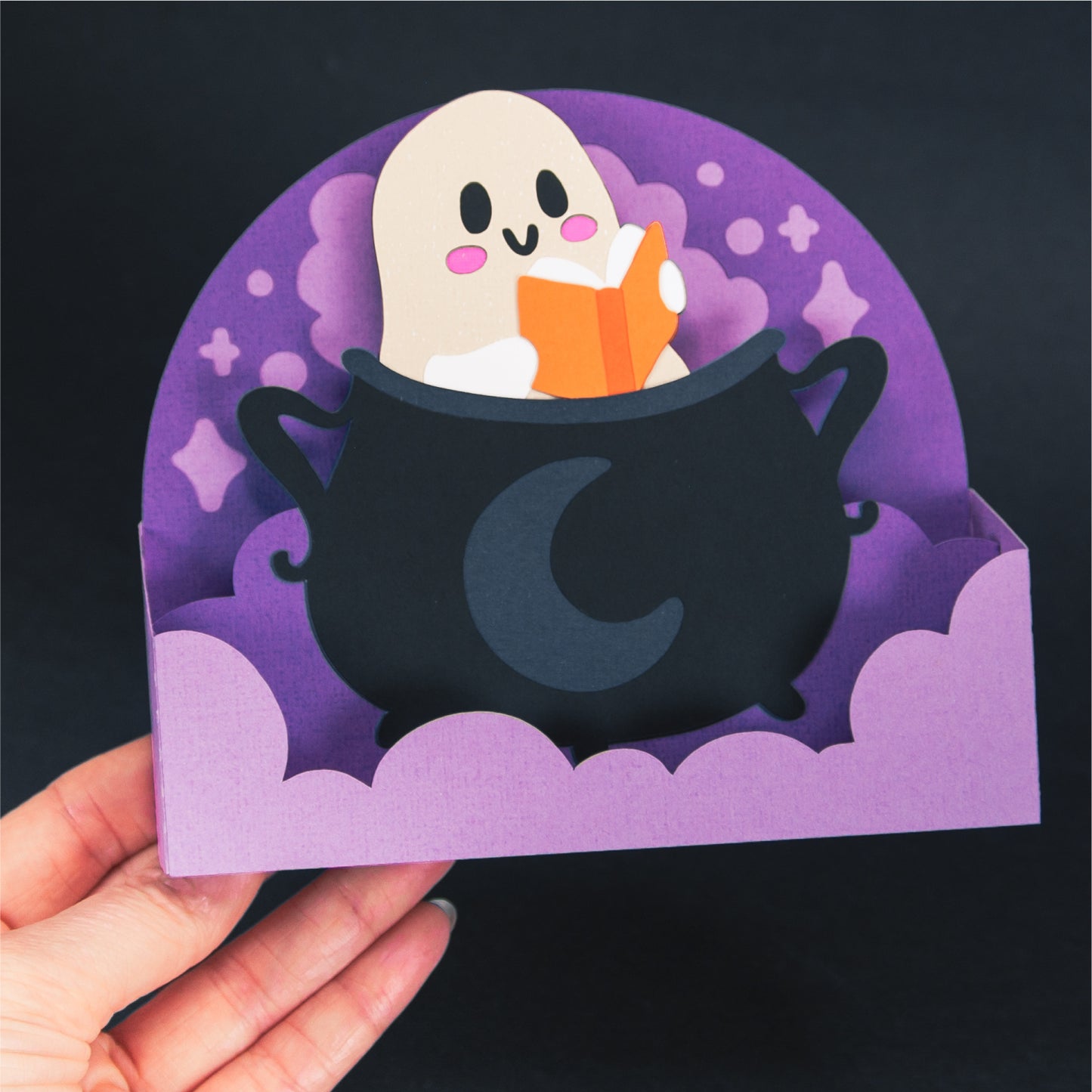 Reading Ghost in a Cauldron Card - 3D Halloween SVG