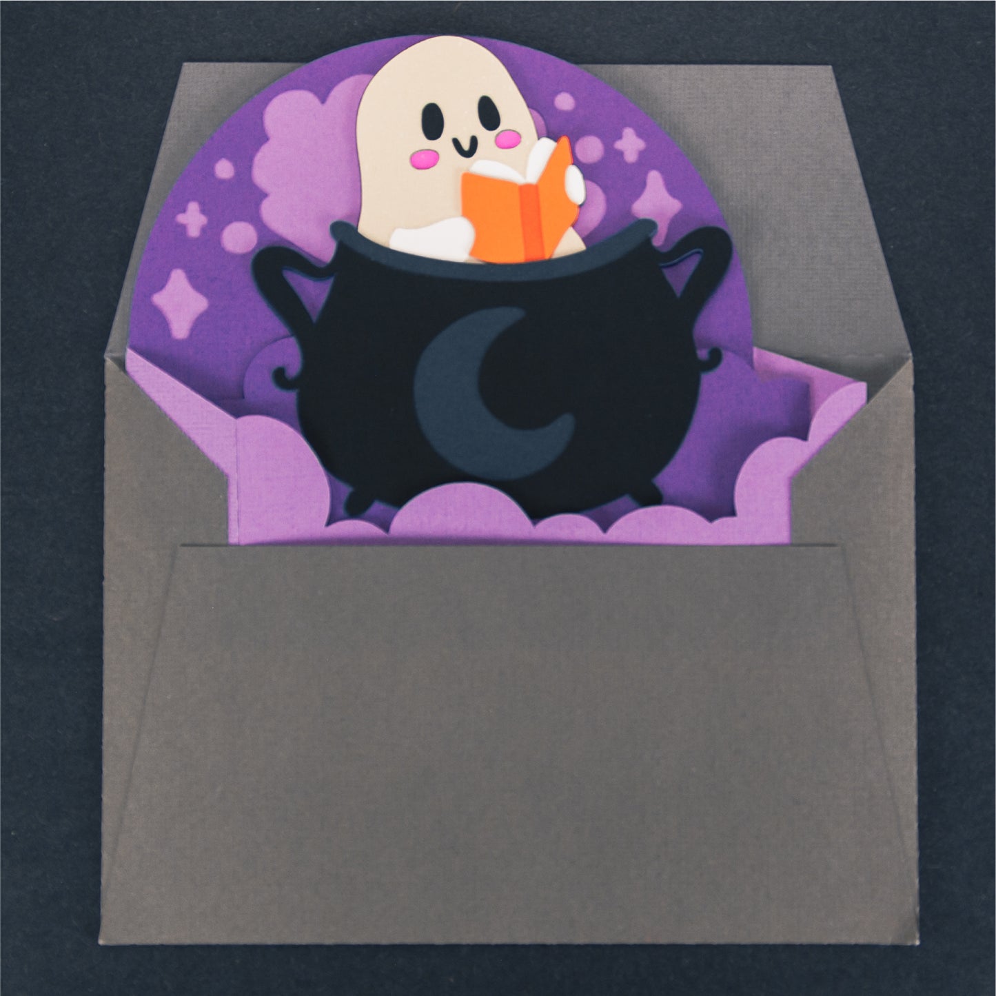 Reading Ghost in a Cauldron Card - 3D Halloween SVG