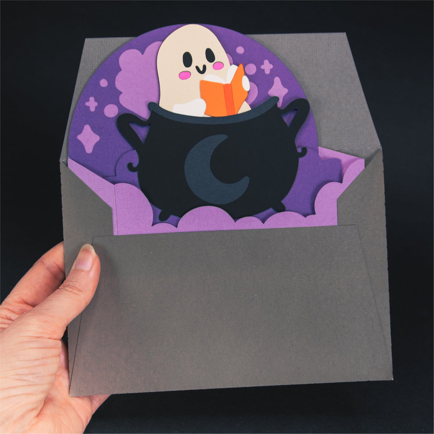 Reading Ghost in a Cauldron Card - 3D Halloween SVG
