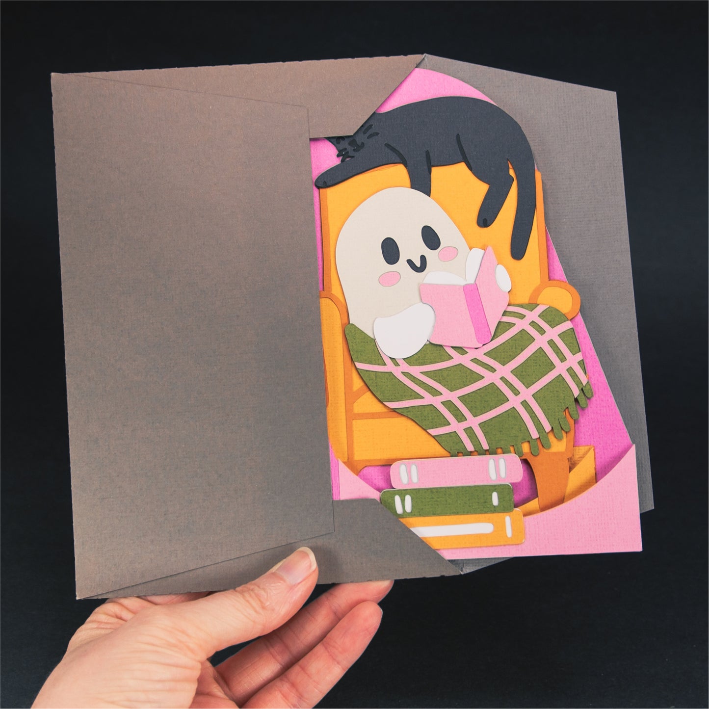 Ghost Reading in a Chair Card - 3D Halloween SVG