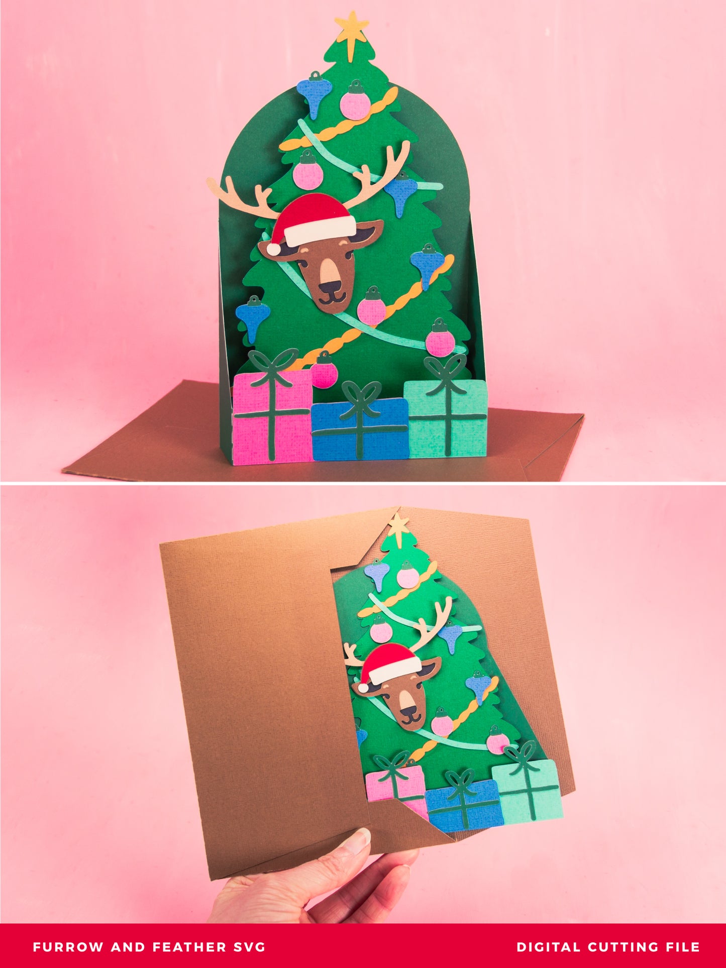 Reindeer in Christmas Tree Card - 3D Christmas Card SVG