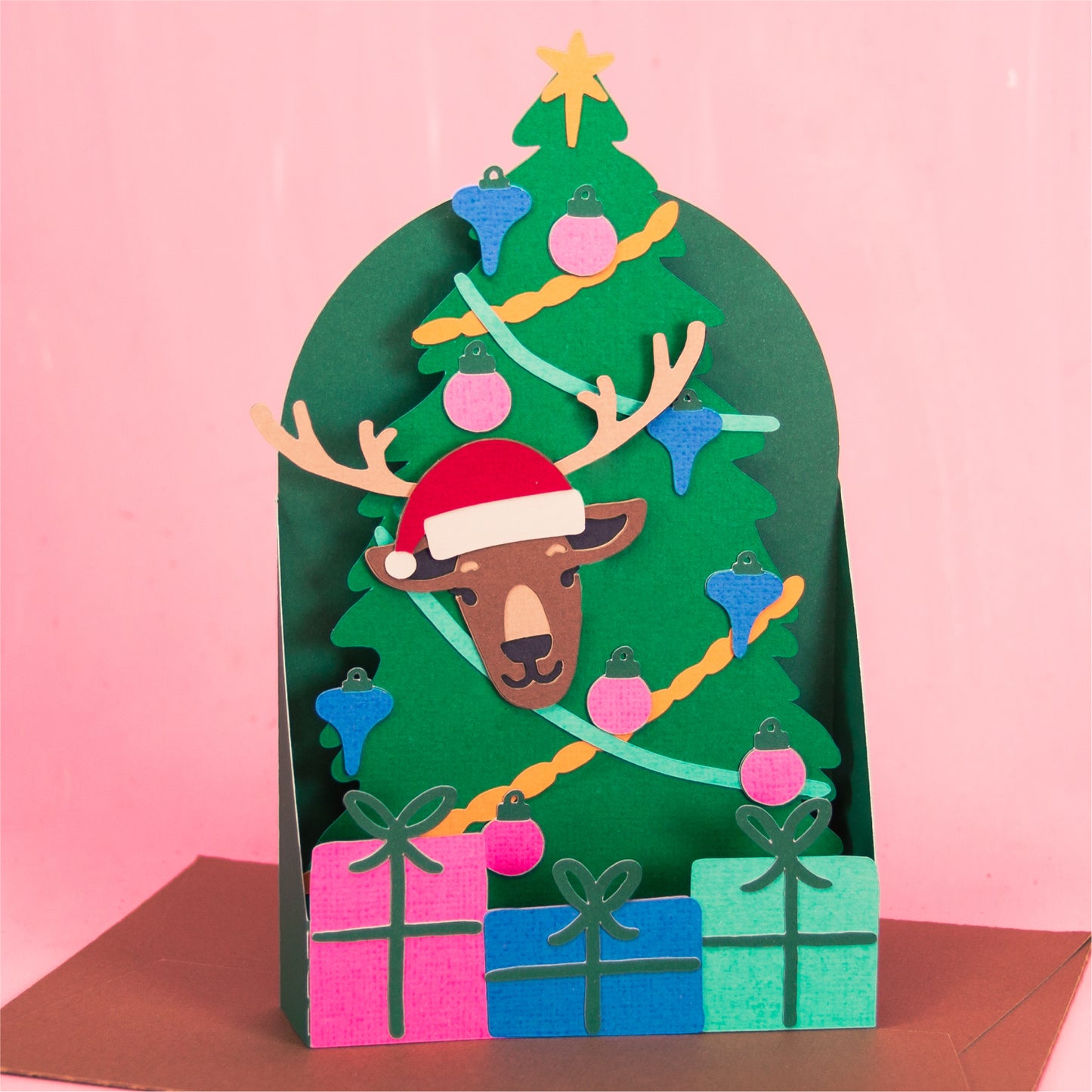 Reindeer in Christmas Tree Card - 3D Christmas Card SVG