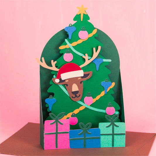 Reindeer in Christmas Tree Card - 3D Christmas Card SVG