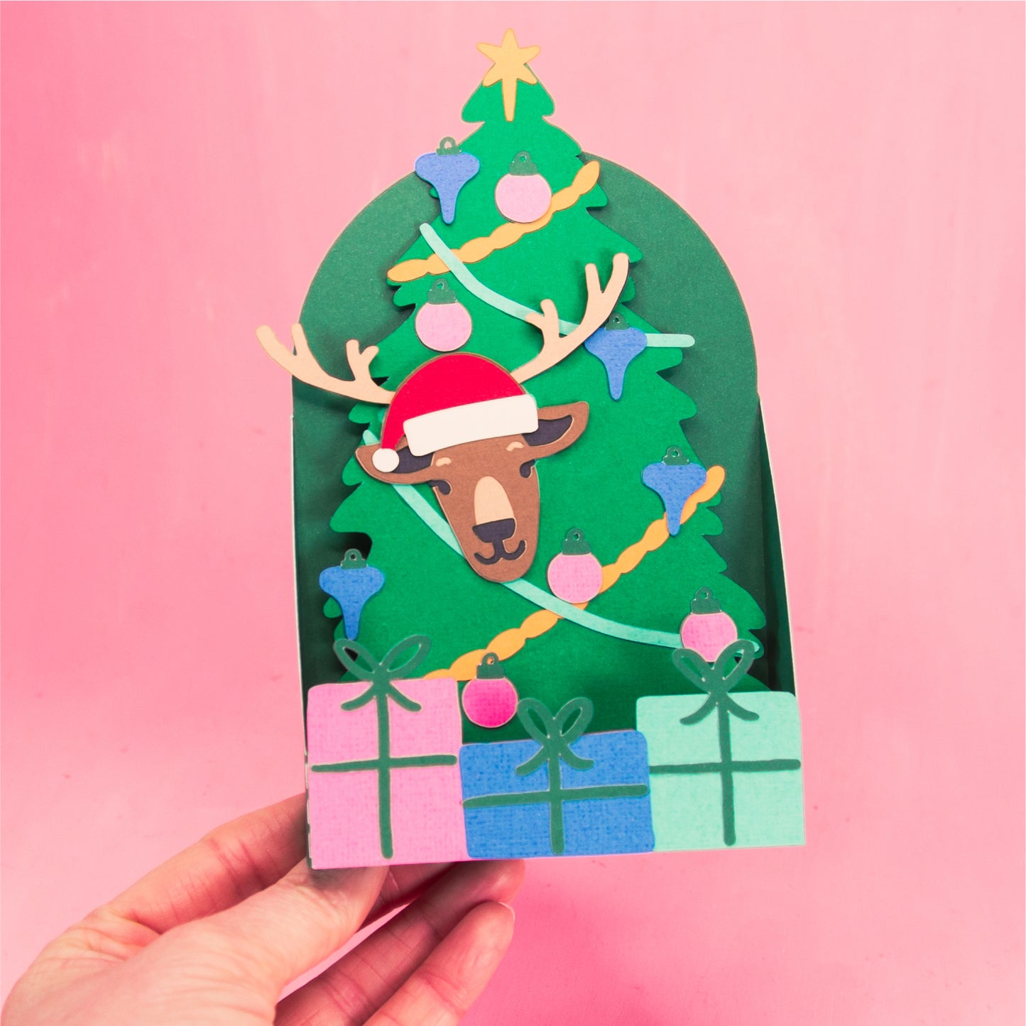 Reindeer in Christmas Tree Card - 3D Christmas Card SVG