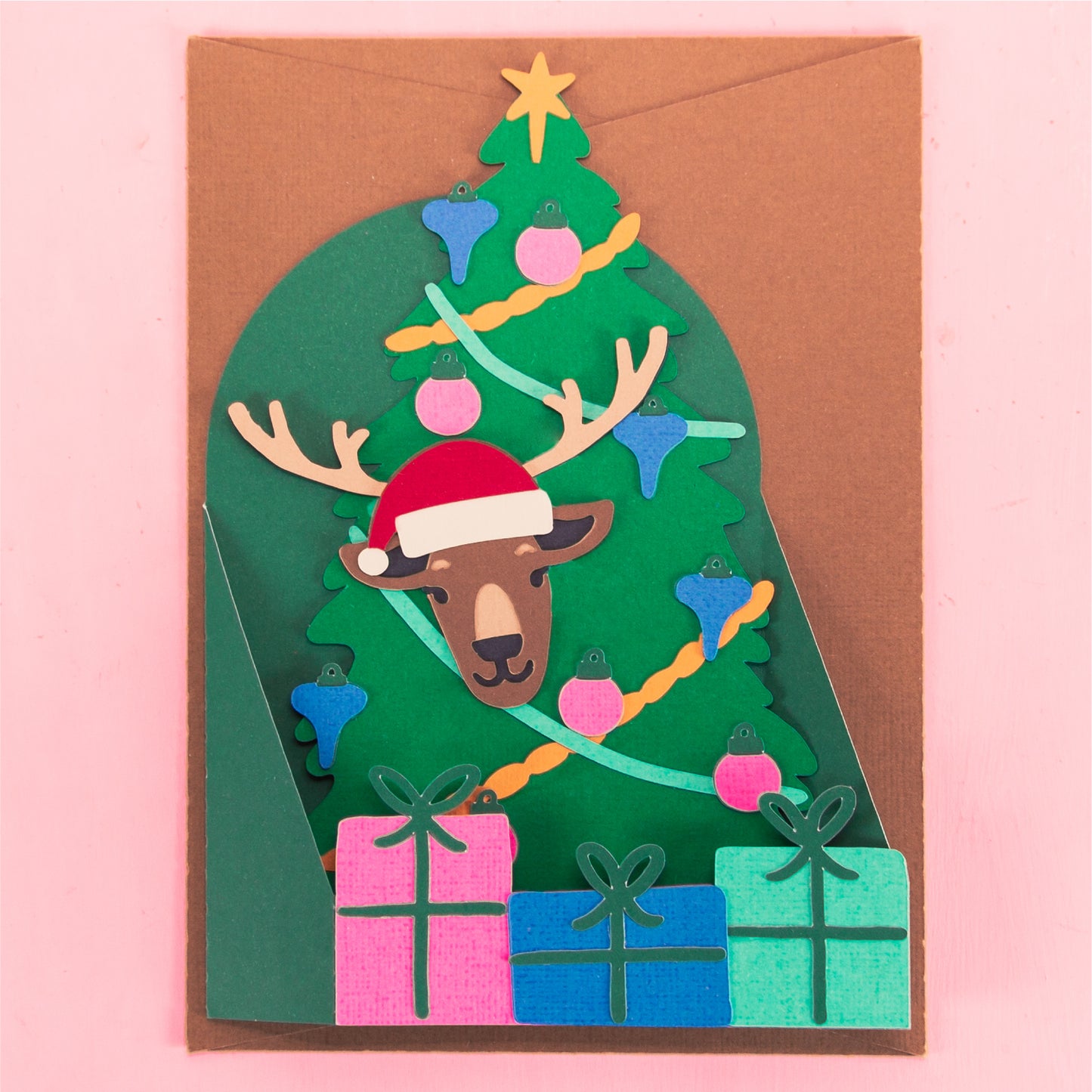 Reindeer in Christmas Tree Card - 3D Christmas Card SVG