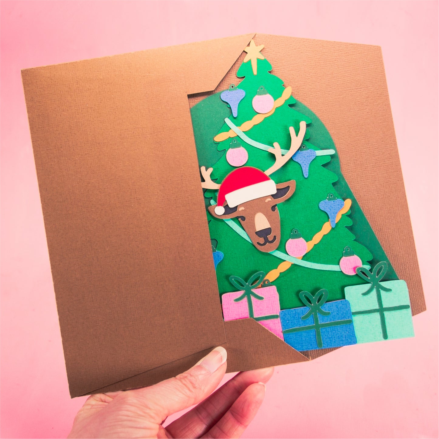 Reindeer in Christmas Tree Card - 3D Christmas Card SVG