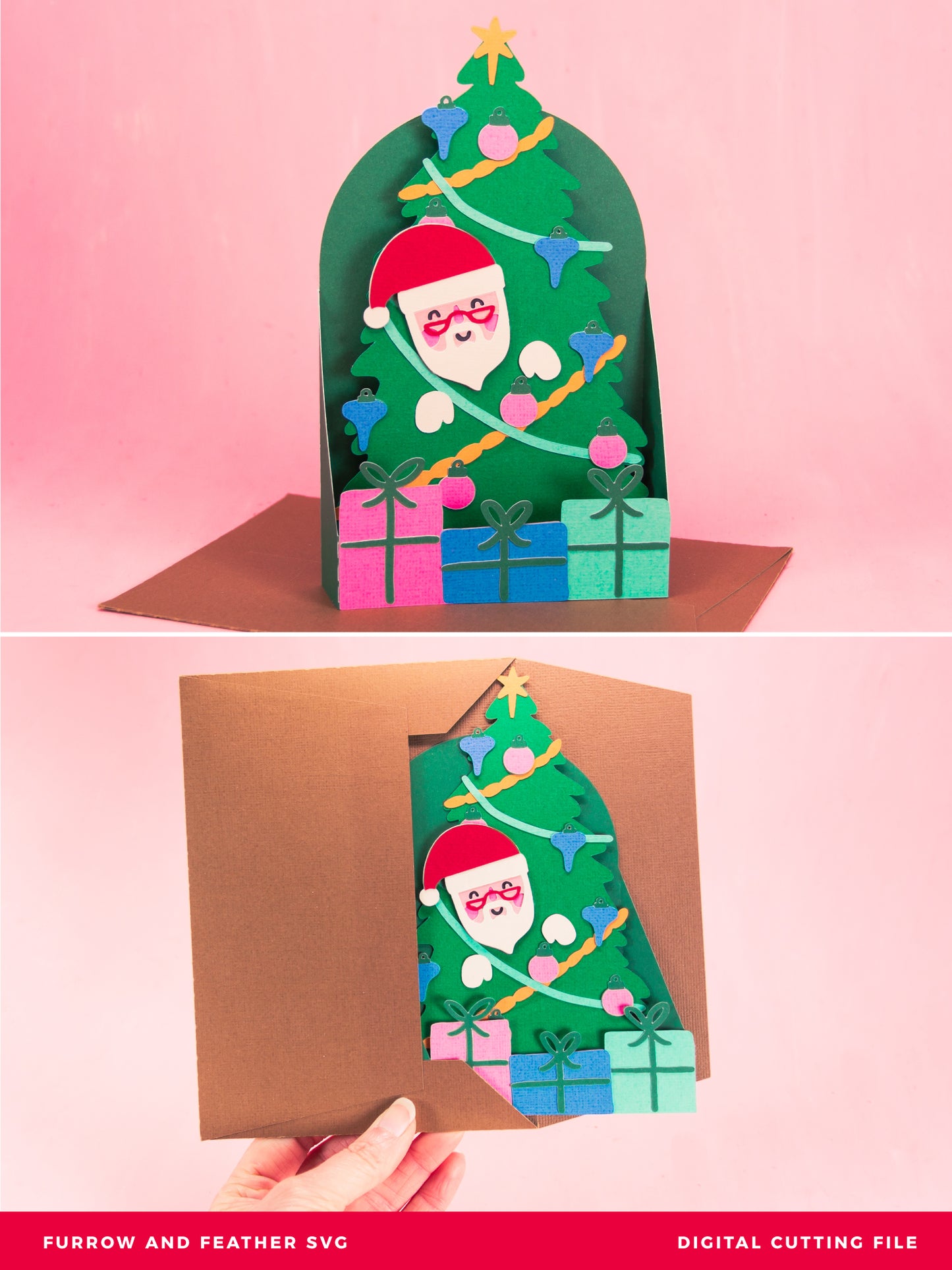 Santa in Christmas Tree Card - 3D Christmas Card SVG