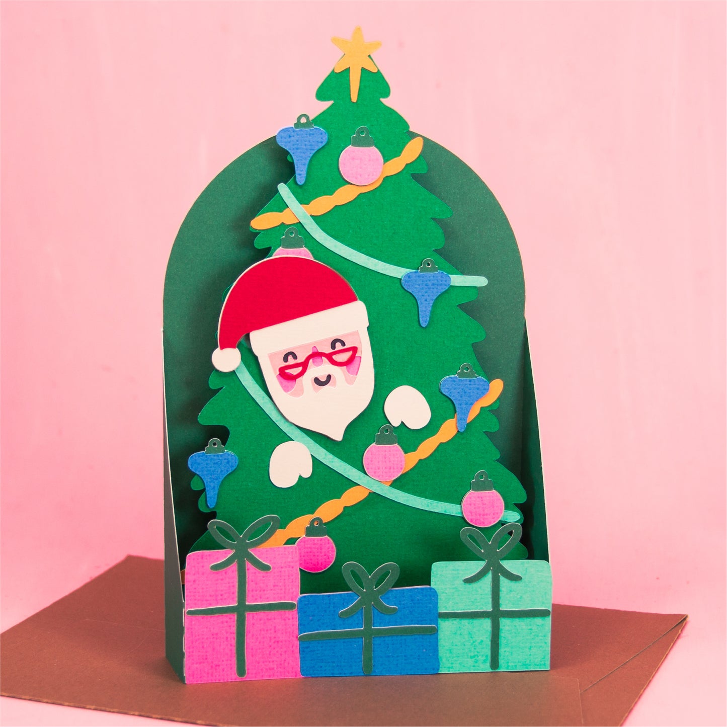 Santa in Christmas Tree Card - 3D Christmas Card SVG