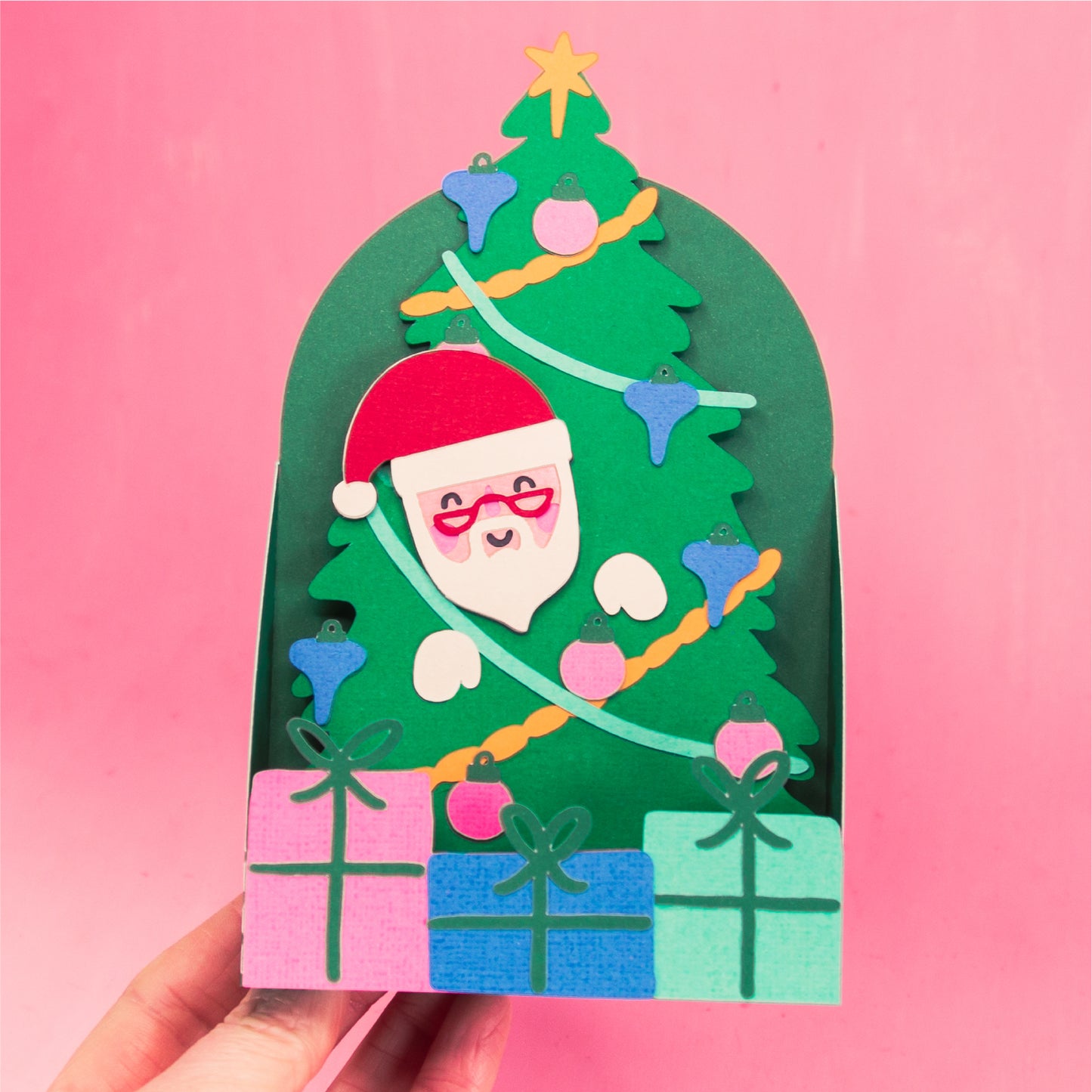 Santa in Christmas Tree Card - 3D Christmas Card SVG