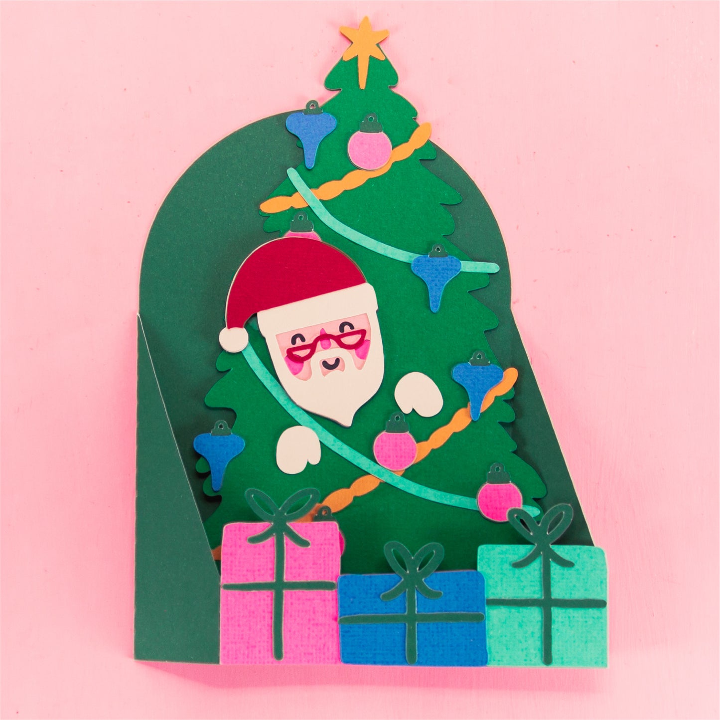 Santa in Christmas Tree Card - 3D Christmas Card SVG