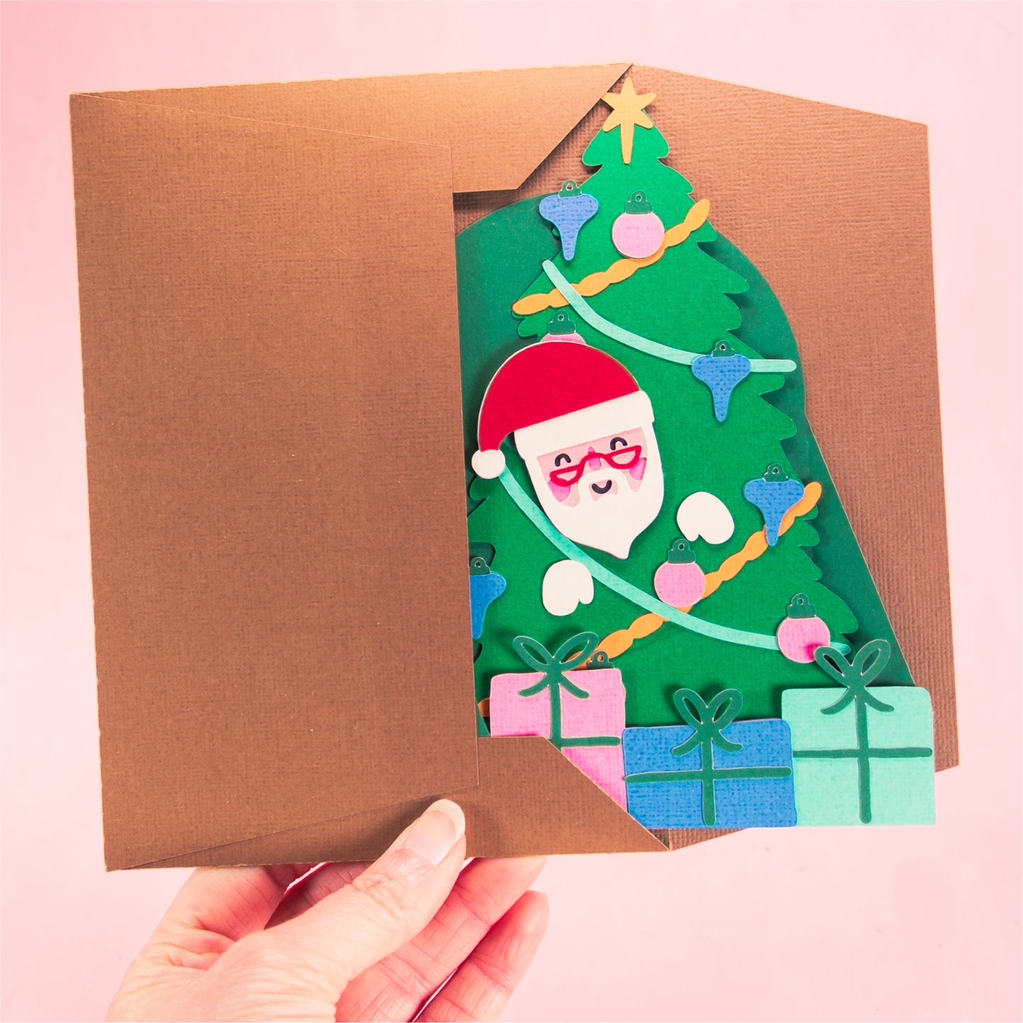 Santa in Christmas Tree Card - 3D Christmas Card SVG