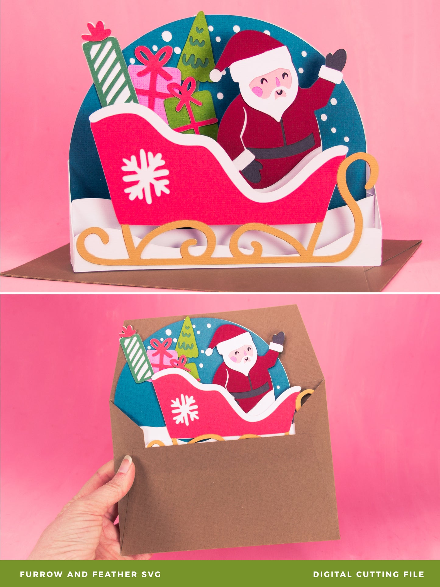 Santa Christmas Sleigh Card - 3D Christmas Card SVG