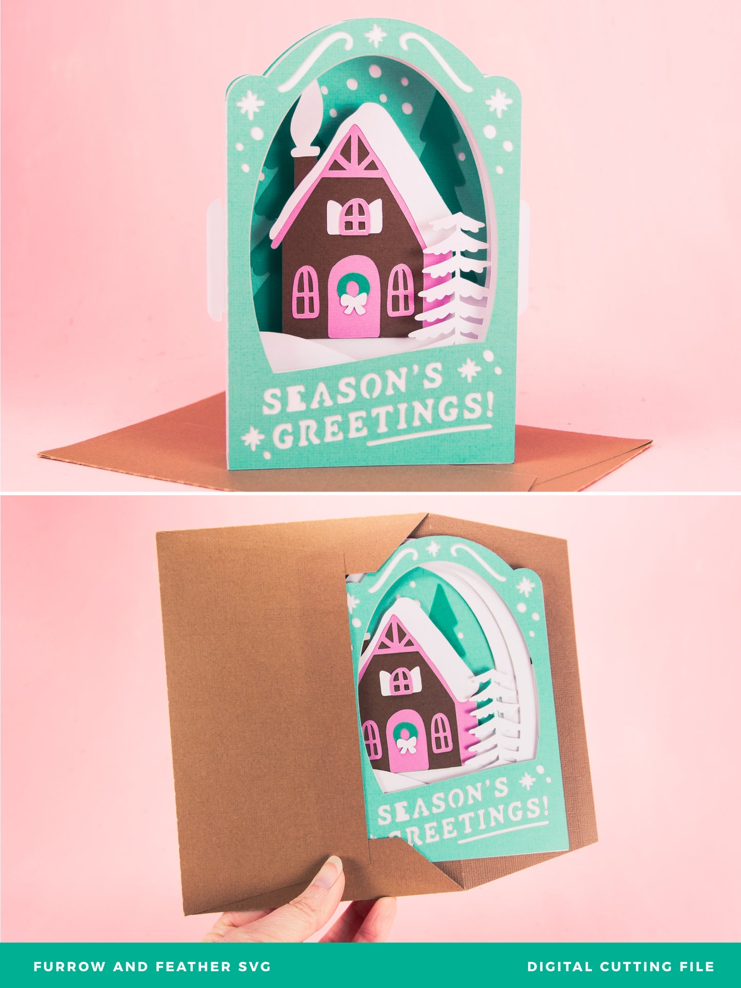 Season's Greetings Cottage Card - 3D Christmas Card SVG