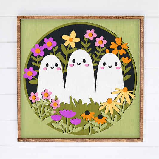 Cute Ghosts in Flowers Shadow Box - 3D Halloween Shadowbox SVG