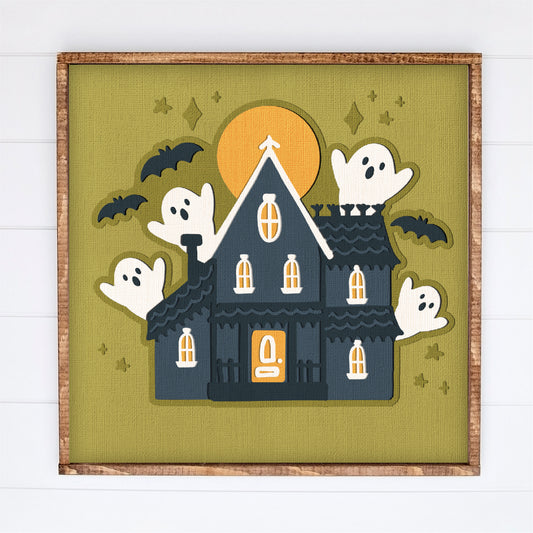 Haunted House with Ghosts Shadow Box - 3D Halloween Shadowbox SVG